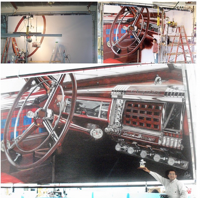 Canvas mural, 1950 Chrysler car interior, . Mural awarded in 1st.  International airbrush competition venue in 2013.  Argentine Airbrush Association.