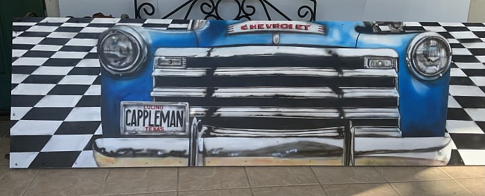 mural for museum, front of Chevrolet car 1960